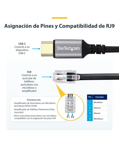 StarTech.com Adaptador USB-C a RJ9 para Auriculares con Micrófono - Adaptador USB Tipo C a RJ9 con Cable de 1,8m - Adaptador