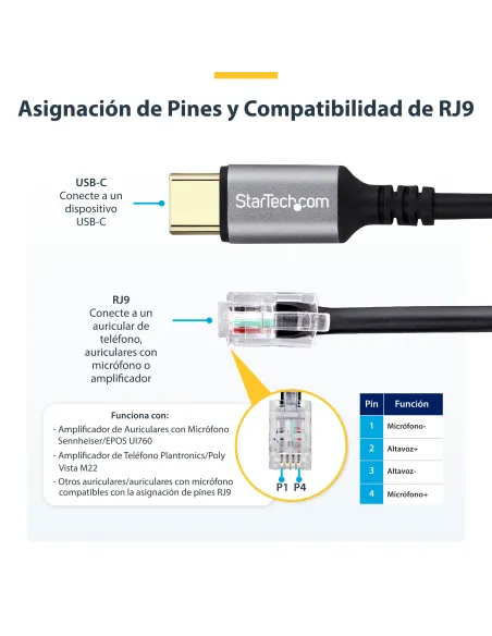 StarTech.com Adaptador USB-C a RJ9 para Auriculares con Micrófono - Adaptador USB Tipo C a RJ9 con Cable de 1,8m - Adaptador