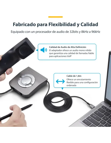 StarTech.com Adaptador USB-C a RJ9 para Auriculares con Micrófono - Adaptador USB Tipo C a RJ9 con Cable de 1,8m - Adaptador