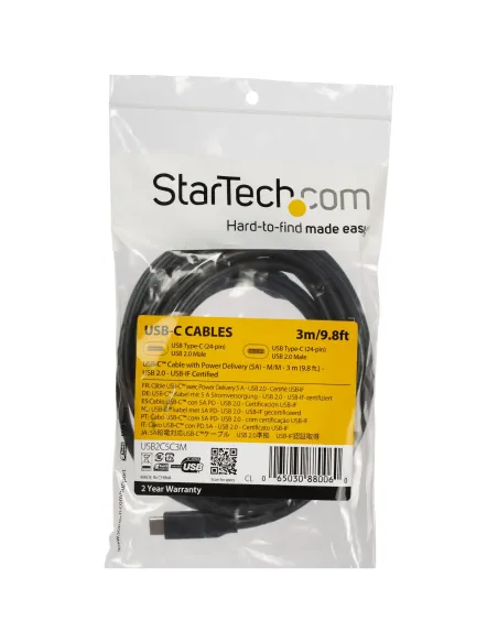 StarTech.com Cable de 3m USB-C a USB-C con capacidad para Entrega de Alimentación de 5A - USB TipoC - Cable de Carga USBC - USB
