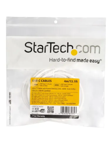 StarTech.com Cable 4m USB-C a USB-C con capacidad para Entrega de Alimentación de 5A - USB Tipo C - Cable de Carga USBC - USB
