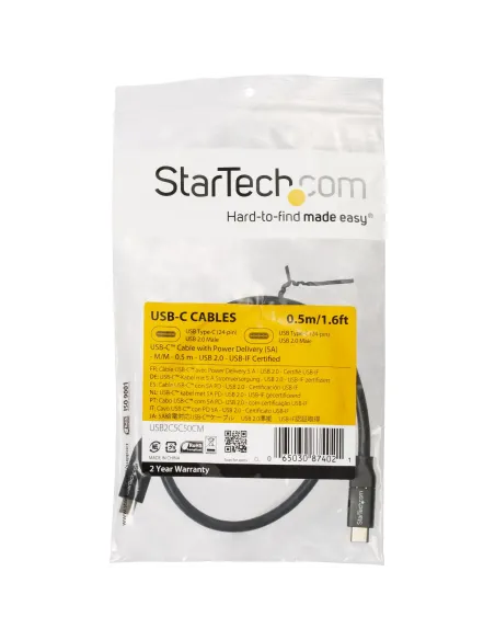 StarTech.com Cable de 50cm USB-C a USB-C con capacidad para Entrega de Alimentación de 5A - USB TipoC - Cable de Carga USBC -