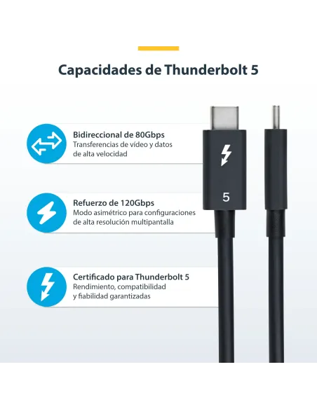 StarTech.com Cable Thunderbolt 5 de 1m - 80Gbps hasta 120Gbps - PD 240W - 8K 60Hz - Cable Certificado - Compatible con