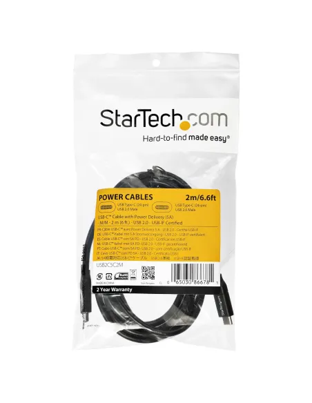 StarTech.com Cable de 2m USB-C a USB-C con capacidad para Entrega de Alimentación de 5A - USB TipoC - Cable de Carga USBC - USB