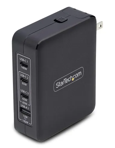 StarTech.com Cargador USB-C USB-A de Pared GaN PD de 140W - 3x USB-C 1x USB-A - Cargador Internacional para Portátil