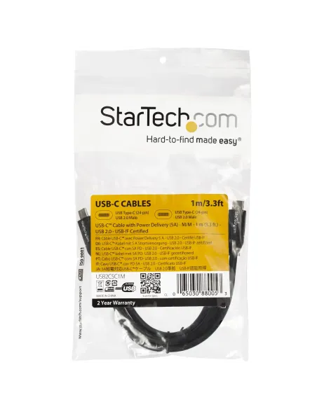 StarTech.com Cable de 1m USB-C a USB-C con capacidad para Entrega de Alimentación de 5A - USB TipoC - Cable de Carga USBC - USB