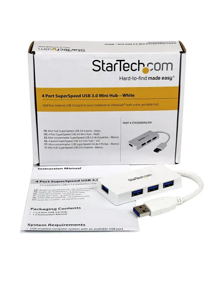 StarTech.com Adaptador Concentrador Hub Ladrón USB 3.0 (5Gbps) Super Speed para Laptop de 4 Puertos Salidas - Blanco