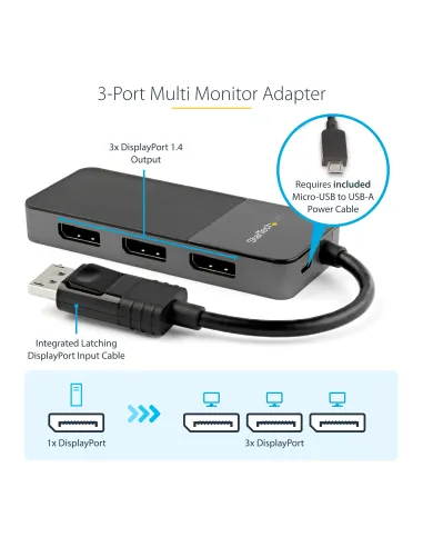 StarTech.com Hub MST de 3 Puertos DisplayPort 1.4 - Divisor Splitter DP para 3 Monitores - Adaptador DisplayPort a 3x