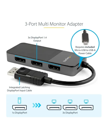 StarTech.com Hub MST de 3 Puertos DisplayPort 1.4 - Divisor Splitter DP para 3 Monitores - Adaptador DisplayPort a 3x