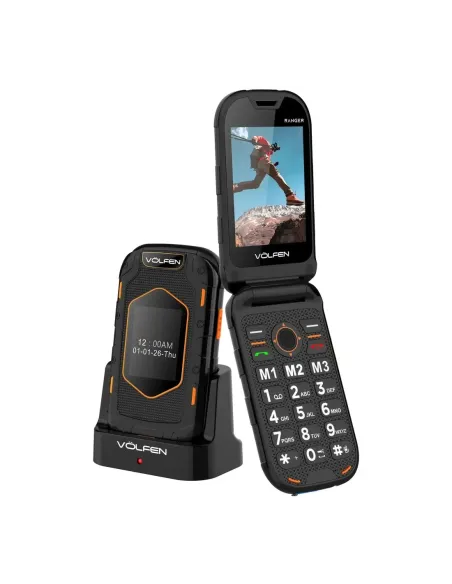 Telefono movil volfen ranger tipo concha negro - amarillo base de carga