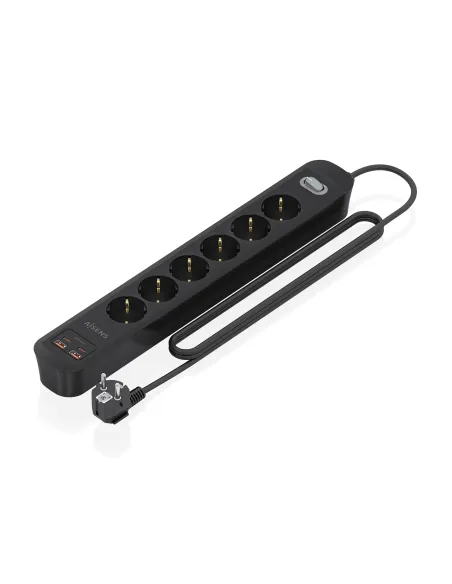 AISENS Regleta de Enchufes Multifuncion con 6 Tomas + Cargador PD3.0 20W 2xUSB-C, 2xUSB-A, 1.4m, Negro