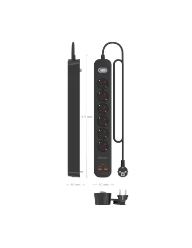 AISENS Regleta de Enchufes Multifuncion con 6 Tomas + Cargador PD3.0 20W 2xUSB-C, 2xUSB-A, 1.4m, Negro