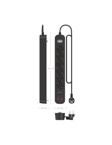AISENS Regleta de Enchufes Multifuncion con 6 Tomas + Cargador PD3.0 20W 2xUSB-C, 2xUSB-A, 1.4m, Negro