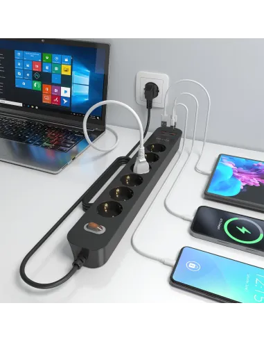 AISENS Regleta de Enchufes Multifuncion con 6 Tomas + Cargador PD3.0 20W 2xUSB-C, 2xUSB-A, 1.4m, Negro