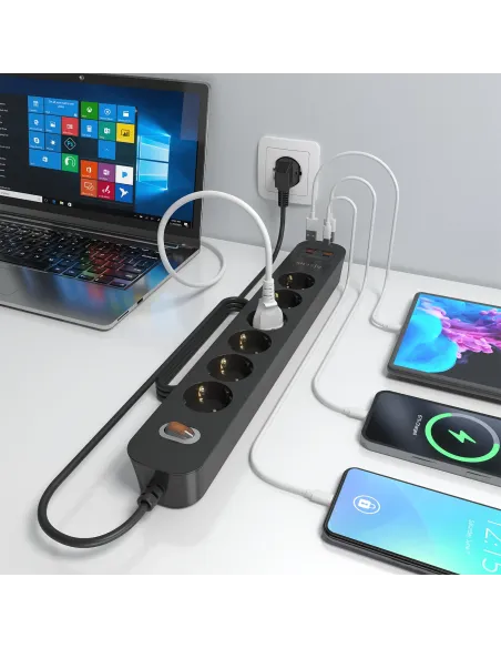 AISENS Regleta de Enchufes Multifuncion con 6 Tomas + Cargador PD3.0 20W 2xUSB-C, 2xUSB-A, 1.4m, Negro