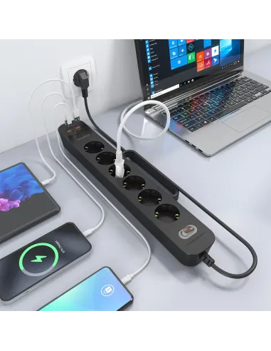AISENS Regleta de Enchufes Multifuncion con 6 Tomas + Cargador PD3.0 20W 2xUSB-C, 2xUSB-A, 1.4m, Negro