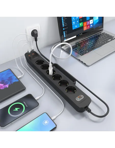 AISENS Regleta de Enchufes Multifuncion con 6 Tomas + Cargador PD3.0 20W 2xUSB-C, 2xUSB-A, 1.4m, Negro
