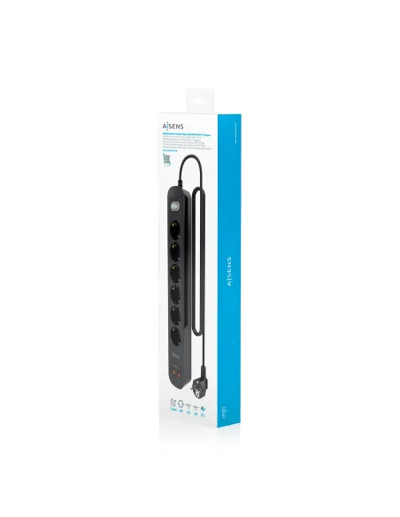 AISENS Regleta de Enchufes Multifuncion con 6 Tomas + Cargador PD3.0 20W 2xUSB-C, 2xUSB-A, 1.4m, Negro