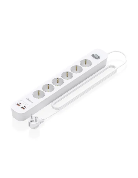 AISENS Regleta de Enchufes Multifuncion con 6 Tomas + Cargador PD3.0 20W 2xUSB-C, 2xUSB-A, 1.4m, Blanco