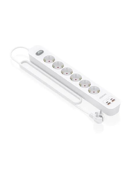 AISENS Regleta de Enchufes Multifuncion con 6 Tomas + Cargador PD3.0 20W 2xUSB-C, 2xUSB-A, 1.4m, Blanco