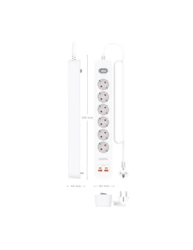 AISENS Regleta de Enchufes Multifuncion con 6 Tomas + Cargador PD3.0 20W 2xUSB-C, 2xUSB-A, 1.4m, Blanco
