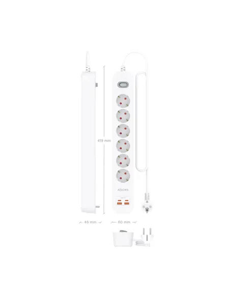 AISENS Regleta de Enchufes Multifuncion con 6 Tomas + Cargador PD3.0 20W 2xUSB-C, 2xUSB-A, 1.4m, Blanco