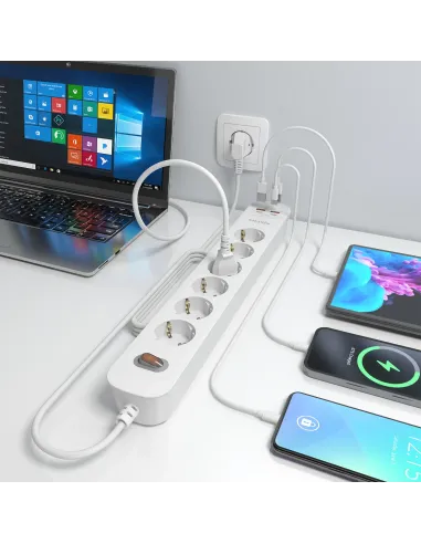 AISENS Regleta de Enchufes Multifuncion con 6 Tomas + Cargador PD3.0 20W 2xUSB-C, 2xUSB-A, 1.4m, Blanco