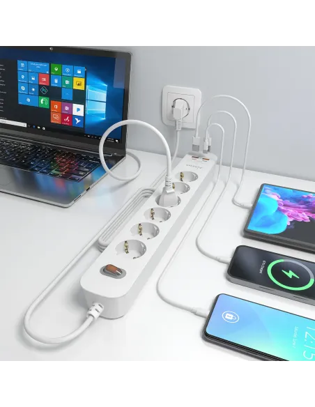 AISENS Regleta de Enchufes Multifuncion con 6 Tomas + Cargador PD3.0 20W 2xUSB-C, 2xUSB-A, 1.4m, Blanco