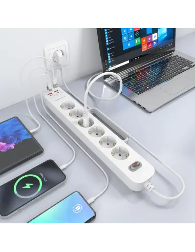 AISENS Regleta de Enchufes Multifuncion con 6 Tomas + Cargador PD3.0 20W 2xUSB-C, 2xUSB-A, 1.4m, Blanco