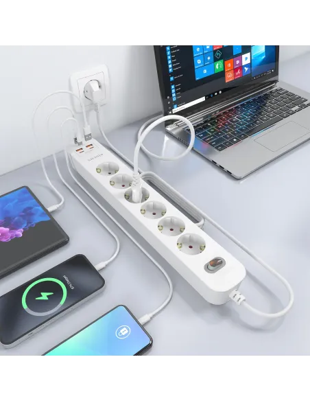 AISENS Regleta de Enchufes Multifuncion con 6 Tomas + Cargador PD3.0 20W 2xUSB-C, 2xUSB-A, 1.4m, Blanco