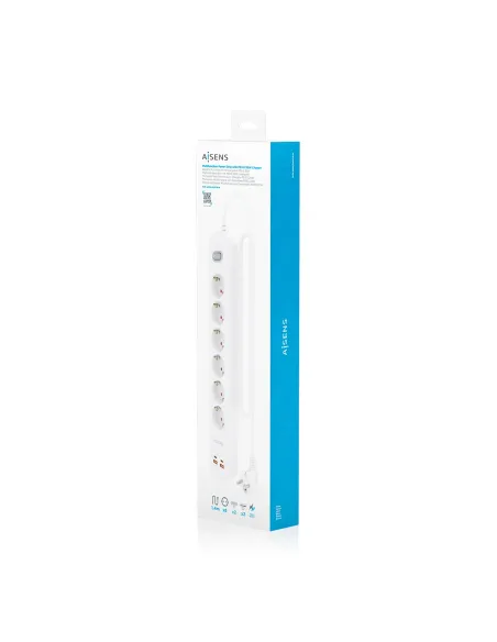 AISENS Regleta de Enchufes Multifuncion con 6 Tomas + Cargador PD3.0 20W 2xUSB-C, 2xUSB-A, 1.4m, Blanco