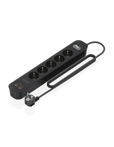 AISENS Regleta de Enchufes Multifuncion con 5 Tomas + Cargador PD3.0 20W 2xUSB-C, 2xUSB-A, 1.4m, Negro