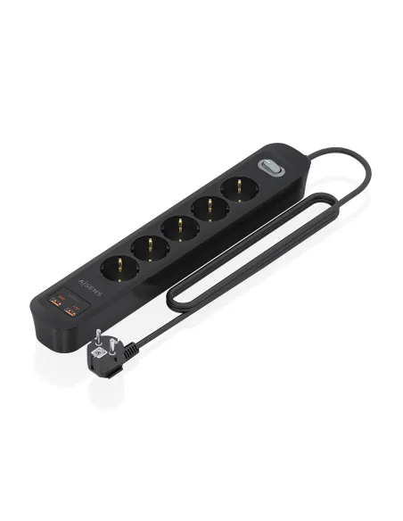 AISENS Regleta de Enchufes Multifuncion con 5 Tomas + Cargador PD3.0 20W 2xUSB-C, 2xUSB-A, 1.4m, Negro