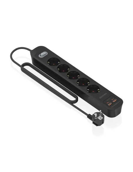 AISENS Regleta de Enchufes Multifuncion con 5 Tomas + Cargador PD3.0 20W 2xUSB-C, 2xUSB-A, 1.4m, Negro