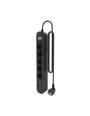 AISENS Regleta de Enchufes Multifuncion con 5 Tomas + Cargador PD3.0 20W 2xUSB-C, 2xUSB-A, 1.4m, Negro