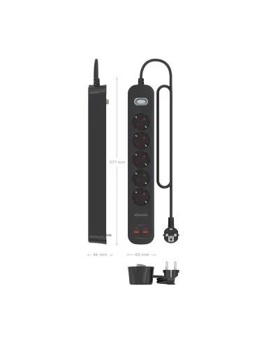 AISENS Regleta de Enchufes Multifuncion con 5 Tomas + Cargador PD3.0 20W 2xUSB-C, 2xUSB-A, 1.4m, Negro