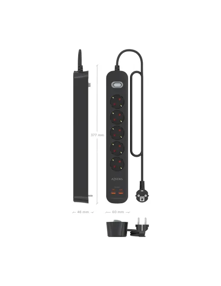 AISENS Regleta de Enchufes Multifuncion con 5 Tomas + Cargador PD3.0 20W 2xUSB-C, 2xUSB-A, 1.4m, Negro