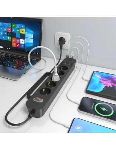 AISENS Regleta de Enchufes Multifuncion con 5 Tomas + Cargador PD3.0 20W 2xUSB-C, 2xUSB-A, 1.4m, Negro