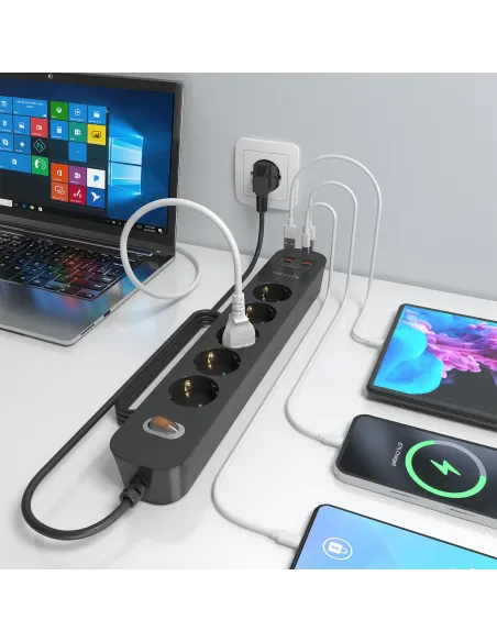 AISENS Regleta de Enchufes Multifuncion con 5 Tomas + Cargador PD3.0 20W 2xUSB-C, 2xUSB-A, 1.4m, Negro