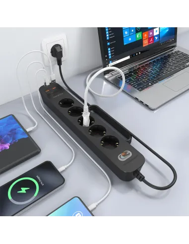 AISENS Regleta de Enchufes Multifuncion con 5 Tomas + Cargador PD3.0 20W 2xUSB-C, 2xUSB-A, 1.4m, Negro