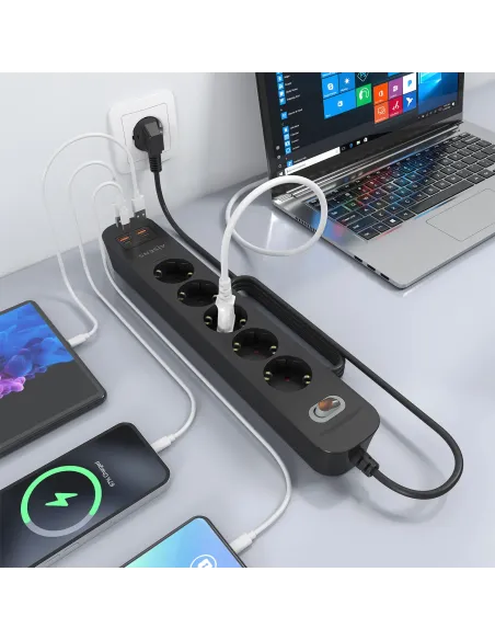 AISENS Regleta de Enchufes Multifuncion con 5 Tomas + Cargador PD3.0 20W 2xUSB-C, 2xUSB-A, 1.4m, Negro