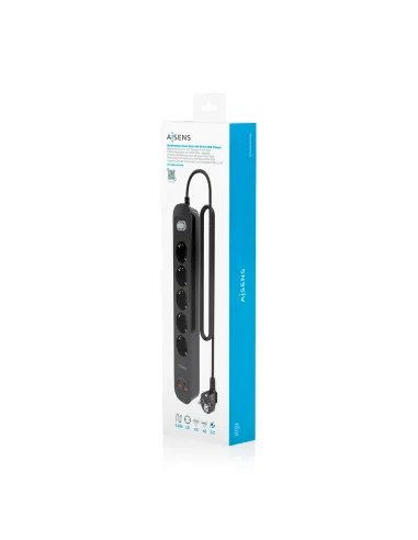 AISENS Regleta de Enchufes Multifuncion con 5 Tomas + Cargador PD3.0 20W 2xUSB-C, 2xUSB-A, 1.4m, Negro