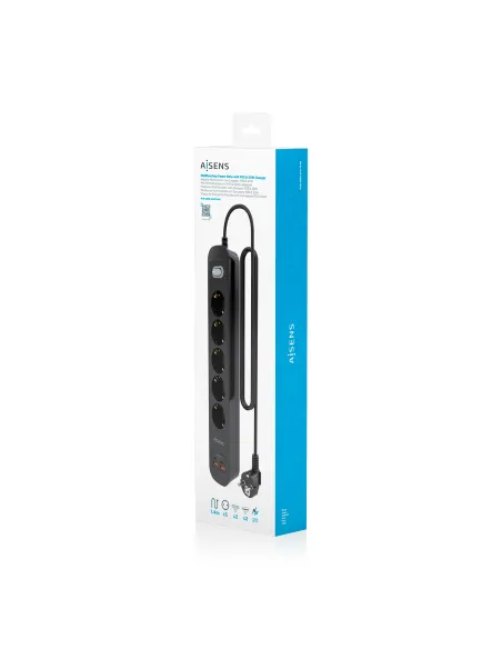 AISENS Regleta de Enchufes Multifuncion con 5 Tomas + Cargador PD3.0 20W 2xUSB-C, 2xUSB-A, 1.4m, Negro