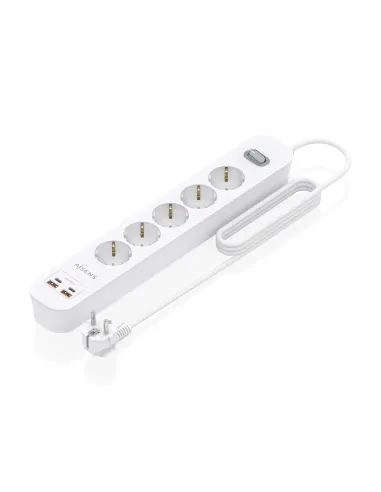 AISENS Regleta de Enchufes Multifuncion con 5 Tomas + Cargador PD3.0 20W 2xUSB-C, 2xUSB-A, 1.4m, Blanco