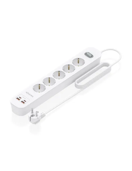AISENS Regleta de Enchufes Multifuncion con 5 Tomas + Cargador PD3.0 20W 2xUSB-C, 2xUSB-A, 1.4m, Blanco