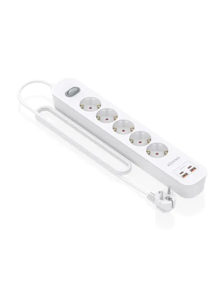 AISENS Regleta de Enchufes Multifuncion con 5 Tomas + Cargador PD3.0 20W 2xUSB-C, 2xUSB-A, 1.4m, Blanco