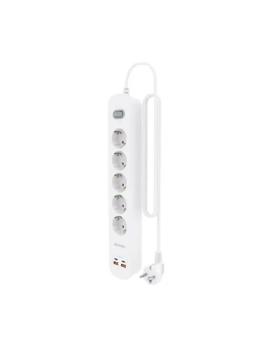 AISENS Regleta de Enchufes Multifuncion con 5 Tomas + Cargador PD3.0 20W 2xUSB-C, 2xUSB-A, 1.4m, Blanco
