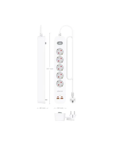 AISENS Regleta de Enchufes Multifuncion con 5 Tomas + Cargador PD3.0 20W 2xUSB-C, 2xUSB-A, 1.4m, Blanco