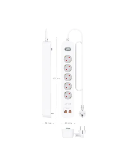 AISENS Regleta de Enchufes Multifuncion con 5 Tomas + Cargador PD3.0 20W 2xUSB-C, 2xUSB-A, 1.4m, Blanco