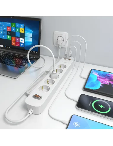 AISENS Regleta de Enchufes Multifuncion con 5 Tomas + Cargador PD3.0 20W 2xUSB-C, 2xUSB-A, 1.4m, Blanco